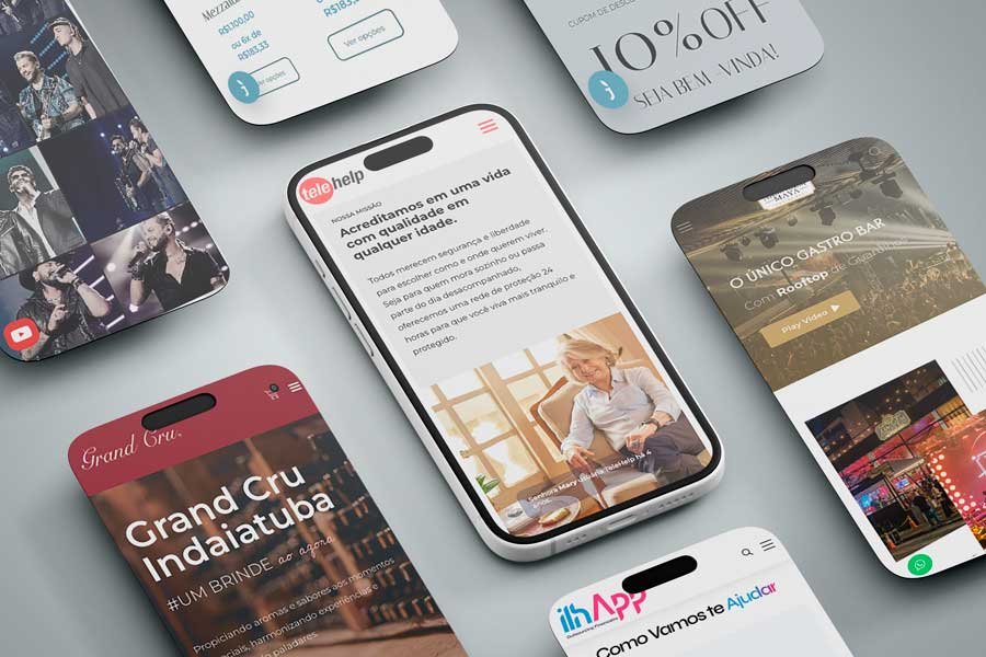 7 telas de celulares com os sites responsivos em suas telas.