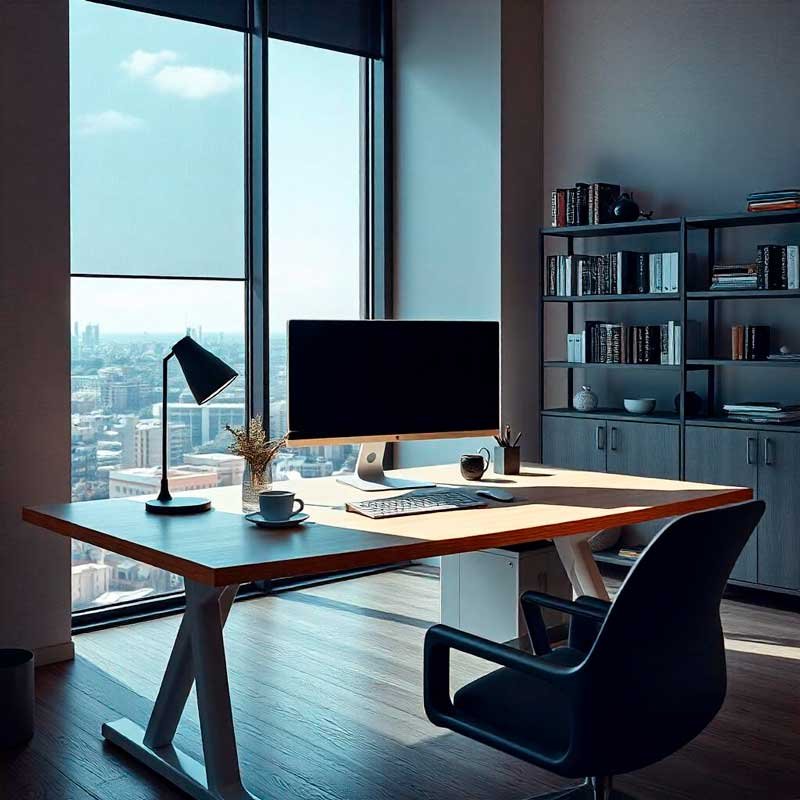 Uma estação de trabalho em um escritório moderno e minimalista. A mesa é larga, de madeira clara, com um computador de última geração, um monitor grande e ultrawide, um teclado e mouse sem fio, e um caderno aberto ao lado. Há uma xícara de café fumegante e um vaso pequeno com uma planta suculenta. A cadeira é ergonômica, com design contemporâneo, em tons neutros. Ao fundo, uma parede de tijolos aparentes contrasta com prateleiras flutuantes cheias de livros, objetos decorativos e pequenas luzes LED quentes. A iluminação é suave, com luz natural entrando por grandes janelas de vidro, revelando uma vista urbana com arranha-céus ao longe. O ambiente transmite produtividade, organização e inspiração.