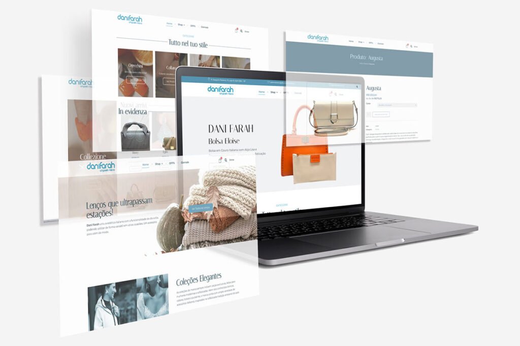 Mockup contendo o print de 5 seções do e-commerce em nosso portfólio do cliente DF Acessórios.
