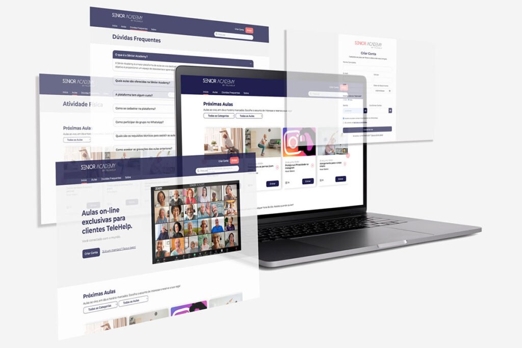 Mockup contendo o print de 5 seções do site em nosso portfólio do cliente TeleHelp e sua plataforma Senior Academy.