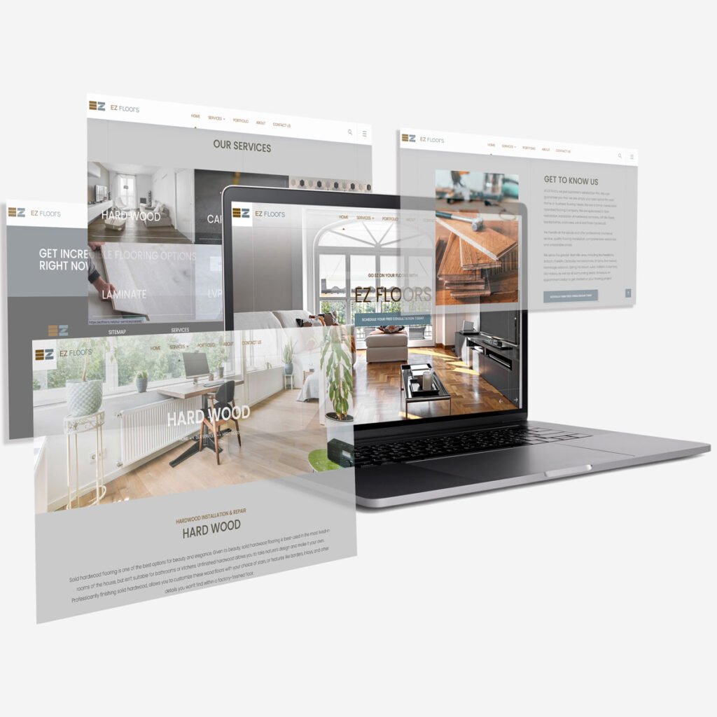 Mockup contendo o print de 5 seções do site em nosso portfólio do cliente EZ Floors.