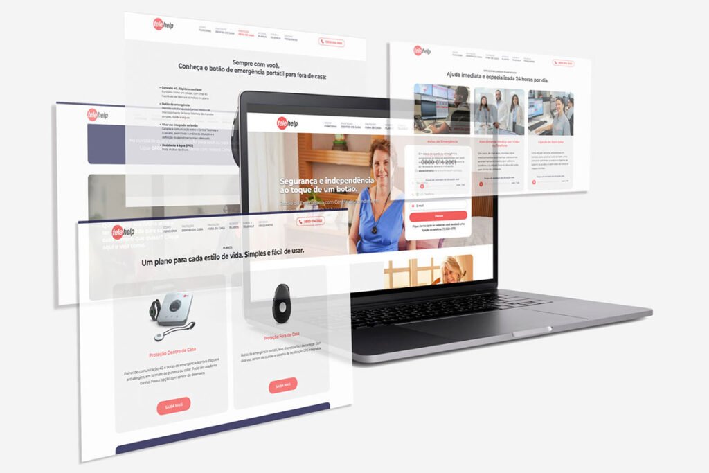Mockup contendo o print de 5 seções do site em nosso portfólio do cliente TeleHelp.