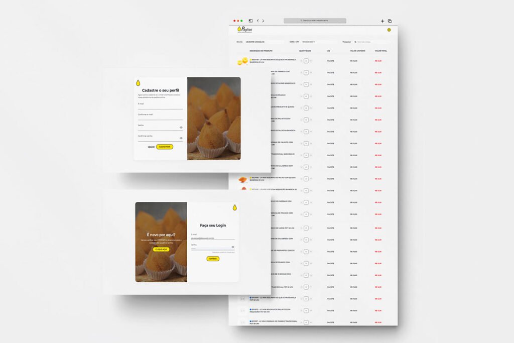 Mockup contendo o protótipo de três telas do sistema web desenvolvido para nosso cliente Paglias.